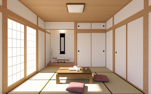 Japanese living room interior in traditional and minimal design with Tatami mat floor, Japanese Shoji door and Japanese sword
